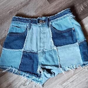Wild Fable Womens Jean Shorts  Blue Patch High Rise Button Fly 70s Hippie Boho 4
